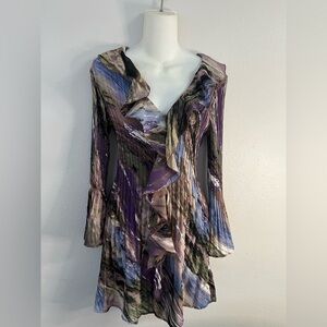 Sunny Taylor Pleated Ruffle Tunic Blouse Abstract Print Purple Boho Women’s M